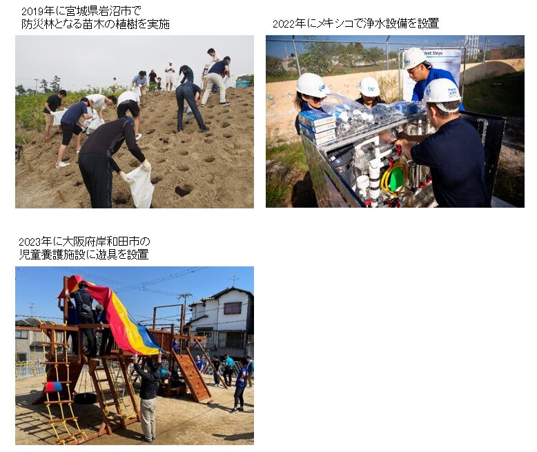 2019年に宮城県岩沼市で防災林となる苗木の植樹を実施、2022年にメキシコで浄水設備を設置、2023年に大阪府岸和田市の児童養護施設に遊具を設置